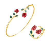 Jipersuo Jewelry Set for Women Rose Ring Bracelet Set Oil Drip Rose Open Adjustable Ring Bracelet Accessories for Women Girl Present 155