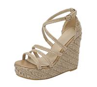Jipersuo Ladies Sandals Summer Korean Edition Slope Heel Sandals Imitation Grass Weaving Thick Sole Water Proof Platform High Heel Elevated for Women