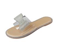 Jipersuo Ladies Walking Sandals Ladies Summer Transparent Rhinestone Bow Flat Bottom One Word Beach Outer Wear Large Size Sandal Slippers