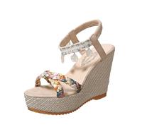Jipersuo Womens Summer Shoes Women's Bohemia Beaded Platform Sandals Open Toe Summer Straw Chunky High Heel Dressy Sandal