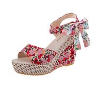 Jipersuo Womens Walking Sandals Fish Mouth Printing National Heels Lace Women High Slope Platform Sandal Style Unpositioned Sandals Women's sandals
