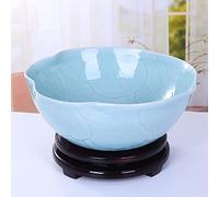 JIPOFAN Ceramic Aqua Blue Lotus Leaf Bowl with Wood Stand, Artistic Flower Pot Planter for Home Decor, Living Room, Dining Table Centerpiece, Office Desk