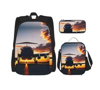 JIPOFD Aircraft Plane At Sunset Backpack Bookbag Set With Lunch Bag And Pencil Case Large Capacity Backpack With Lunch Bag, Black, One Size