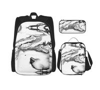 JIPOFD Black And White Marble Backpack Bookbag Set With Lunch Bag And Pencil Case Large Capacity Backpack With Lunch Bag, Black, One Size