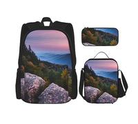JIPOFD Canadian Smokey Mountain Cliff Backpack Bookbag Set With Lunch Bag And Pencil Case Large Capacity Backpack With Lunch Bag, Black, One Size