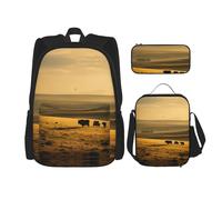 JIPOFD Funny Highland Cow Backpack Bookbag Set With Lunch Bag And Pencil Case Large Capacity Backpack With Lunch Bag, Black, One Size