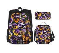 JIPOFD Pansy Perfection Print Backpack Bookbag Set With Lunch Bag And Pencil Case Large Capacity Backpack With Lunch Bag, Black, One Size