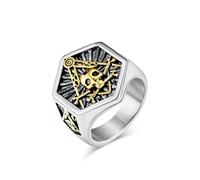 JIPSJICI Men's Stainless Steel Vintage Freemason Masonic Biker Rings Cool Skull Head Signet Rings Band, Metal, No Gemstone