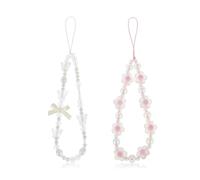 JIPUKE 2 Pack Beaded Phone Bracelet Strap Crystal Butterfly Flower Pearl Phone Charms Strap Colorful Acrylic Beaded Phone Charm Wrist Strap Handmade for Women Anti-Lost Lanyard