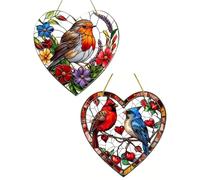 JIPUKE 2 PCS Heart-Shaped Robin Stained Glass Suncatcher,20x20cm Garden Window Hanging Ornaments with Floral Design,Vibrant Home and Bird Decor Acrylic Hangings(Two shapes)