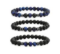JIPUKE 3Pcs Men Beaded Bracelet Set, Adjustable Stretch Bracelet, 8MM Natural Stone Bead Bracelet Tigers Eye Bracelet, Perfect Mens Birthday Gift Ideas for Him Grandad Dad Son Brother