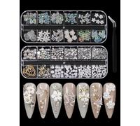 JIPUKE Mixed 3D Nail Charms with a Tweezers, 2 Boxes Butterfly Bowknot Flower Charms, Aurora Bear 3D Nail Art Decorations, for Nail-Art Design DIY Crafting Party Daily Wedding