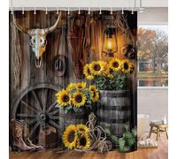Jipusai Farmhouse Western Shower Curtain, Rustic Country Cowboy Barn Door Bath Curtain Set, Brown Southwest Cowboys Boots Hat Bull Sunflowers Bathroom Decor Accessories with Hooks 70X70IN