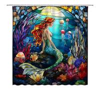 JIRGIXA Mermaid Shower Curtain Stained Glass Underwater World Colorful Coral Vintage Mermaid Modern Abstract Art Retro Fabric Bathroom Decor Curtain with Hooks,70Wx70H Inches