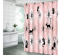 JIRGIXA Mid Century Atomic Black Cat Shower Curtain Pink Starbursts Abstract Geometric Minimalist Funny Boho 1950s 60s 70s Fabric Bathroom Decor Curtain Sets with Hooks