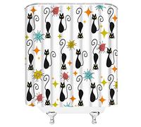 JIRGIXA Mid Century Atomic Black Cat Shower Curtain Retro Starbursts Abstract Geometric Minimalist Funny Cat 1950s 60s Fabric Bathroom Decor Curtain with Hooks, White Black