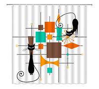 JIRGIXA Mid Century Atomic Cat Shower Curtain Modern Geometric Retro Atomic Starbursts Black Cat Abstract Minimalist Funny 1950s 60s Fabric Bathroom Decor Curtain with Hooks,White Teal Orange