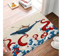 JIRGIXA Nautical Octopus Bath Mat Red Ocean Kraken Nautical Animal Octopus Tentacles Japanese Great Waves Funny Cat Whale Cool Microfiber Memory Foam Bathroom Doormat Kitchen Toilet Decor Floor Rug