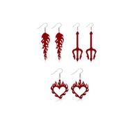 JIRVEX 3 Pairs Red Devil Earrings Women's Acrylic Hanging Trident Flames Heart Halloween Costume Women's Devil Costume Accessory Carnival Party Jewellery