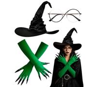 JIRVEX Witch Costume Women's 3-Piece - Witch Hat Women, Round Glasses, Green Gloves with Claws - Halloween Witch Costume Women for Party, Carnival, Theme Evening