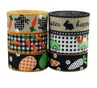 JISADER 4.57M Easter Decorative Ribbon Festive Design Easter Hare and Carrot Ribbon DIY Crafts Material Trim for Crafters, Home Decor Enthusiasts, Wreath Making, Set of 6 Styles