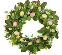 JISADER 46cm Easter Wreath Artificial Spring Garland with Pastel Eggs and Mixed Greenery for Front Door, Living Room, Mantel Decoration, Farmhouse, Party Decoration