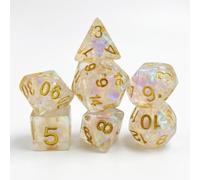 JISADER 7PCS Polyhedral Dice Set for Gaming, Rounded Edge Gaming Tabletop Dice Set for Game Night, RPG, MTG, Role Playing Table Games, Resin core with yellow glitter paper, transparent