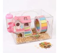 JISADER Acrylic Hamster Cage with Accessories, Transparent Small Animal Habitat with Wooden Hideout, Wheel and Water Bottle, Portable Mouse House Enclosure for Dwarf Hamsters, Gerbils (27x19.5x16cm)