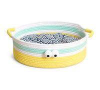 JISADER Cat Bed Summer Big Eye Design, Includes Cushion, Optional Cooling Mat, Plant Fiber Construction, Pet Sleeping Area, Pet, Big Eye Yellow with Blue Cotton Pad, M
