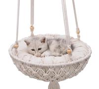 JISADER Cat Hammock Hanging Cat Chair with Cushion, Handmade Woven Macrame Basket Pet Bed, Indoor Decor for All Breeds with Tassels and Fringe Design, 30CM Diameter (without cushion)