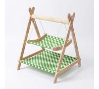 JISADER Cat Hammock Wooden Cat Bed and Elevated Swing, Freestanding for s, Curved Resting Area and Comfortable Indoor, Wooden Swing Hammock with Green Checkered material