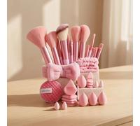 JISADER Comprehensive Makeup Tool Set with Premium Synthetic Makeup Brushes, Hydrophilic Makeup Sponges, and Powder for Application, Pink, Pink