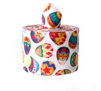 JISADER Easter Ribbon Polyester 3.8cm Wide Green Bunny Egg Designs, 5 Yards Decorative Textile Trim, Spring Holiday Wrapping, Easter Egg and Bunny Pattern, No Wire Edge, 6.3cm Width; 5 Yards/roll