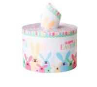 JISADER Easter Ribbon Polyester 3.8cm Wide Green Bunny Egg Designs, 5 Yards Decorative Textile Trim, Spring Holiday Wrapping, Easter Egg and Bunny Pattern, No Wire Edge, 6.3cm Width; 5 Yards/roll