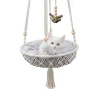 JISADER Handmade Cat Hammock with Bed Cushion, Stainless Steel Bohemian Cat Bed and Macrame Hanging Chair for Indoor Cats, Single Hook Window Perch, Large 30cm