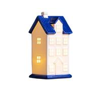 JISADER Illuminated Cottage Figurine, Desktop Ornament, Collectible Buildings, Christmas Village Buildings, Ceramic House Statue for Desk, blue and white