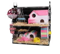 JISADER Large Hamster Cage with Built-in Tubes, Double Layer Hamster Cage in Acrylic, Spacious Habitat for Syrian and, Modern, with pink and white ac