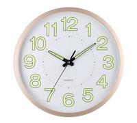 JISADER Luminous Wall Clock 30cm Silent Sweep Movement, Round PVC Dial Glass Mirror, Battery Powered for Bedrooms, Rose Gold Frame