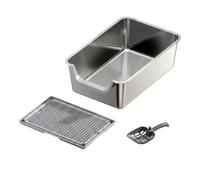 JISADER Open accessible waste container Stainless Steel Open-Top Feline Lavatory, High Sided Alloy Pan Tray, waterproof Indoor Kitten waste solution, Light Gray, Open-top, High-sided, Semi-enclosed
