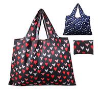 JISEN Reusable Grocery Bags 2 Packs Large Nylon Washable Foldable Eco Friendly Heavy Duty Shopping Tote Bag Fits in Pocket Heart