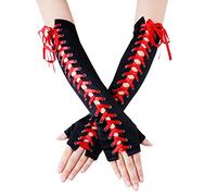 JISEN Womens Full Length Fingerless Lace Up Arm Warmer Satin Gloves Red