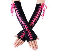JISEN Womens Full Length Fingerless Lace Up Arm Warmer Satin Gloves Rose Red