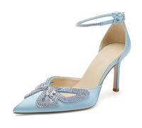 Jishevous Women's Closed Pointed Toe Pumps Rhinestone Bow Sparkly Wedding Shoes High Stiletto Heels Satin Ankle Strap Heeled Prom Dress Sandals, Sky Blue, 6 UK