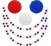 Jishi Pom Pom Garland 4th of July Decorations, Patriotic Red White Blue Felt Ball Garland, 3-Pack 6.6ft Long 24 Cute Pompom Balls String, Christmas Tree Decor Ornaments for Home Birthday Holiday Party