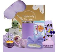 JISHSHAY 12 PCS Birthday Gifts for Women Gifts for Her Birthday Presents for Women, Mug Scented Candles Soap Bath Bombs Headband Scrunchies Sleep Mask Turtle Greeting Cards Socks Scalp Massager-Purple