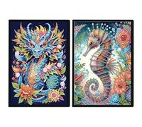 JISHSHAY 2 PCS Diamond Art Notebook Journal Diamond Painting Note Book Gem Art Sketchbook Gem Painting Diary Mosaic Kits for Adults Blank Notebook,Special Drill 14.5×21cm/5.7×8.26in Dragon Seahorse
