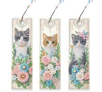 JISHSHAY 3 PCS Diamond Art Bookmarks Diamond Painting Book Marks for Reading Gem Art Bookmarkers Gem Painting Book Markers Mosaic Kits for Adults Special Shaped with Crystal Pendant Flower Cat