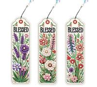 JISHSHAY 3 PCS Diamond Art Bookmarks Diamond Painting Book Marks for Reading Gem Art Bookmarkers Gem Painting Book Markers Mosaic Kits for Adults Special Drills with Crystal Pendants Flower Blessed