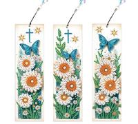 JISHSHAY 3 PCS Diamond Art Bookmarks Diamond Painting Book Marks for Reading Gem Art Bookmarkers Gem Painting Book Markers Mosaic Kits for Adults with Crystal Pendant Flower Butterfly Crucifix