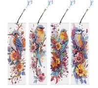 JISHSHAY 4 PCS Bird Diamond Painting Bookmarks Flower Diamond Art Book Marks for Reading Gem Art Bookmarkers Gem Painting Book Markers Embroidery Kit Special Shaped Drills with Crystal Pendant
